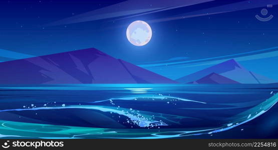 Night scene of sea with waves, mountains on horizon, full moon and stars in sky. Vector cartoon illustration of nature landscape of lake or ocean coastline with rocks at midnight. Night scene of sea, mountains and moon