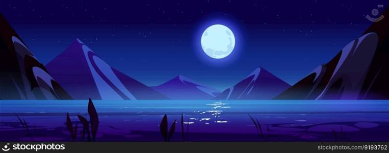 Night scene with lake, mountains, full moon and stars in sky. Summer landscape of valley with river beach, rocks range and dark starry sky, vector cartoon illustration. Night scene with lake, mountains, moon in sky