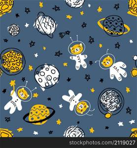 Night seamless pattern with cats astronauts discover universe. Perfect for T-shirt, textile and print. Hand drawn vector illustration for decor and design.