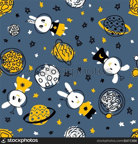 Night seamless pattern with rabbits cosmonauts discover universe. Perfect print for tee, textile and fabric. Hand drawn vector illustration for decor and design.