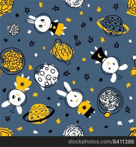 Night seamless pattern with rabbits cosmonauts discover universe. Perfect print for tee, textile and fabric. Hand drawn vector illustration for decor and design.