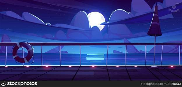 Night seascape view from cruise ship deck. Ocean landscape with rocks in water, moon and clouds in sky. Vector cartoon illustration of wooden boat deck with railing, l&s, lifebuoy and umbrella. Night seascape view from cruise ship deck