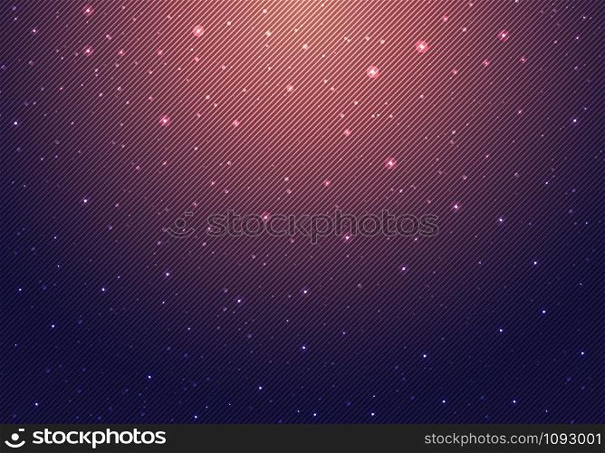 Night shining starry night sky with stars universe space infinity and starlight on pink light and dark blue background with diagonal lines striped. Galaxy and planets in cosmos pattern. Vector illustration