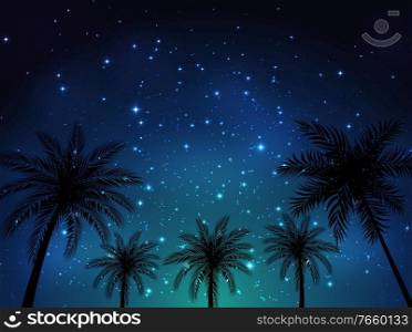 Night shining starry sky background with Palm Leaves. Vector Illustration EPS10. Night shining starry sky background with Palm Leaves. Vector Illustration