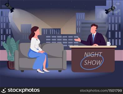 Night show flat color vector illustration. Chat show host and famous guest 2D cartoon characters with studio on background. Evening talk show. Live communication, interview with celebrity. Night show flat color vector illustration