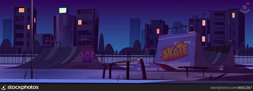 Night skate park or rollerdrome for skateboard riding and jump on quarter pipe ramp. Empty place for sport with graffiti and equipment for stunts and teen street activity Cartoon vector illustration. Night skate park or rollerdrome for skateboard