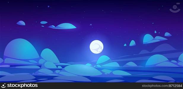 Night sky above clouds with full moon and stars on blue background. Vector cartoon illustration of fluffy cloudy panorama in moonlight. Peaceful atmosphere landscape at midnight. Night sky above clouds with full moon and stars