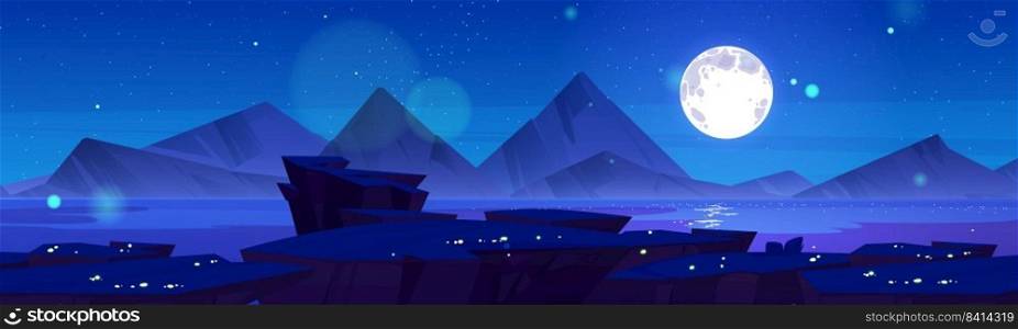 Night sky and mountain landscape cartoon illustration. Vector design of full moon glowing above sea surface and rocky ridge, sparkles shimmering in air, moonlight reflection on water. Scenic nature. Night sky, mountain landscape cartoon illustration