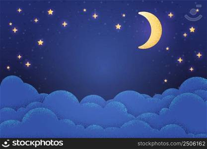 Night sky background. Lunar landscape with stars and clouds. Textured scene, artistic landscape with moon. Cute dark blue swanky vector design for baby. Illustration of sky lunar landscape. Night sky background. Lunar landscape with stars and clouds. Textured scene, artistic landscape with moon. Cute dark blue swanky vector design for baby