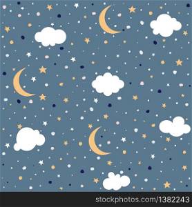 Night sky background stars, clouds and moon vector illustration