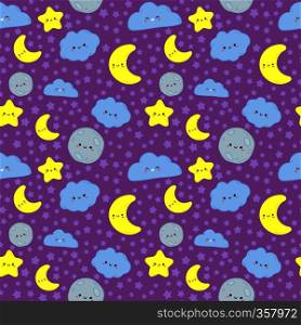 Night sky seamless pattern. Cute moon with sleep face, clouds and stars kids fabric printing. Moon night print textile or cloudy characters wrapping. Wallpaper vector cartoon illustration. Night sky seamless pattern. Cute moon with sleep face, clouds and stars kids fabric printing vector cartoon illustration