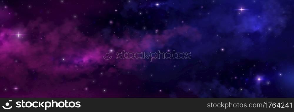 Night sky. Universe space background. Starry dark heaven with milky way and nebulas. Scenic view of stars and constellation. Decorative cosmic wallpaper with color gradient. Vector astronomy research. Night sky. Universe space background. Starry heaven with milky way and nebulas. Scenic view of stars and constellation. Decorative cosmic wallpaper with color gradient. Vector astronomy
