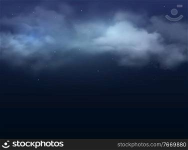 Night sky with clouds and stars realistic vector background. 3d dark blue midnight heaven with foggy cold air, starlights and glowing comets of milky way constellations, space, astronomy, magic themes. Night sky, clouds and stars realistic background