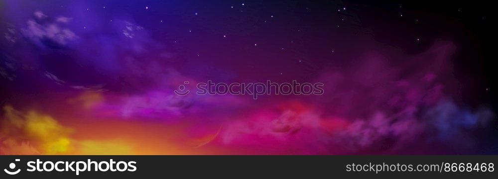 Night sky with colorful clouds and stars, starry heaven, dusk panoramic background with yellow, purple, pink and lilac light reflecting on clouds. Universe, space Realistic vector mysterious landscape. Night sky with colorful clouds and stars, heaven