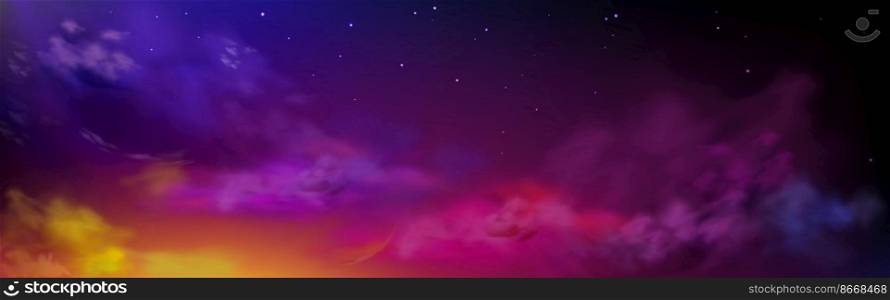 Night sky with colorful clouds and stars, starry heaven, dusk panoramic background with yellow, purple, pink and lilac light reflecting on clouds. Universe, space Realistic vector mysterious landscape. Night sky with colorful clouds and stars, heaven