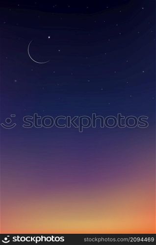 Night Sky with Crescent Moon and Stars,Landscape Dramatic Dark Blue, Purple and Orange,Dusk Sky and Twilight,Natural Vertical background,Concept symbol of religion islamic,Eid Mubarak, Ramadan Kareem