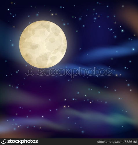 Night sky with full moon and sparkling stars on dark background vector illustration