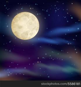 Night sky with full moon and sparkling stars on dark background vector illustration