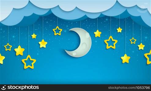 Night sky with half of moon and stars. Crescent with clouds in evening scene. Midnight time. Vector Illustration.. Night sky with half of moon and stars.
