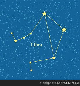 Night sky with Libra constellation. Vector illustration. Traditional zodiacal sign on celestial sphere marked bright stars and lines. For astrological, astronomical, educational, science concepts. Night Sky with Libra Constellation Illustration. Night Sky with Libra Constellation Illustration