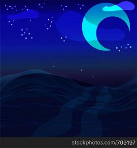 night sky with ocean, moon & stars vector background
