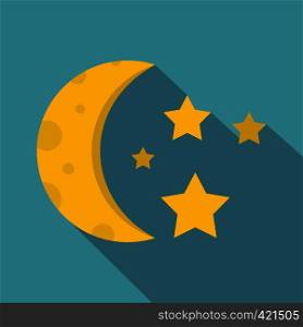 Night sky with stars and moon icon. Flat illustration of night sky with stars and moon vector icon for web isolated on baby blue background. Night sky with stars and moon icon, flat style