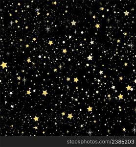 Night sky with stars seamless pattern. Background with twinkling gold stars and confetti. Shimmer on black background. Magic template for design vector illustration