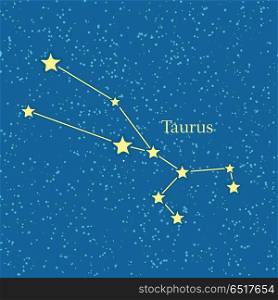 Night sky with Taurus constellation. Vector illustration. Traditional zodiacal sign on celestial sphere marked bright stars and lines. For astrological, astronomical, educational, science concepts. Night Sky with Taurus Constellation Illustration. Night Sky with Taurus Constellation Illustration