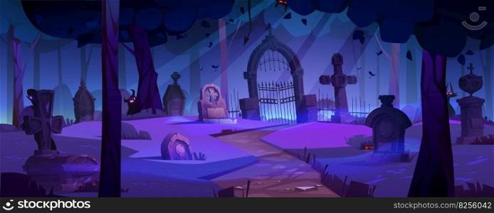 Night spooky halloween graveyard cartoon vector background. Scary cemetery with tombstone, grave, tree and moonlight horror landscape. Haunted with glowing eye in forest purple panoramic scene. Night spooky halloween graveyard cartoon vector