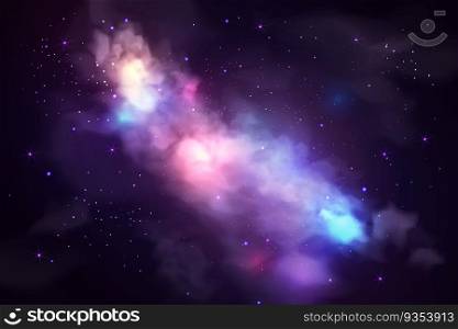 Night starry sky, purple nebula and Milky Way. Vector illustration of realistic space background. Colorful wallpaper of galaxy with stardust.. Night starry sky, purple nebula and Milky Way. Vector illustration of realistic space background. Colorful wallpaper of galaxy with stardust