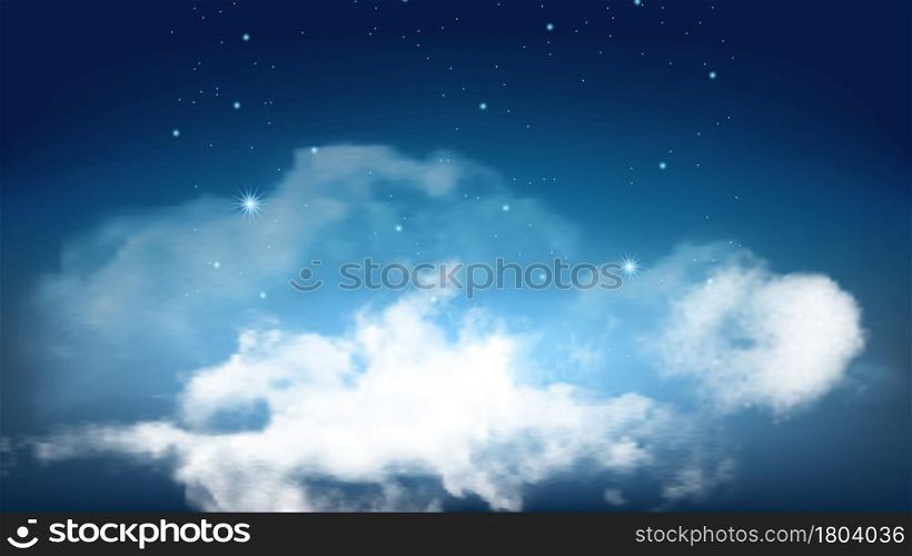 Night Starry Sky With Flying Fluffy Clouds Vector. Beautiful Atmospheric Clouds And Glowing Stars Nature Decoration. Seasonal Cloudy And Environment. Atmosphere Phenomenon Template 3d Illustration. Night Starry Sky With Flying Fluffy Clouds Vector