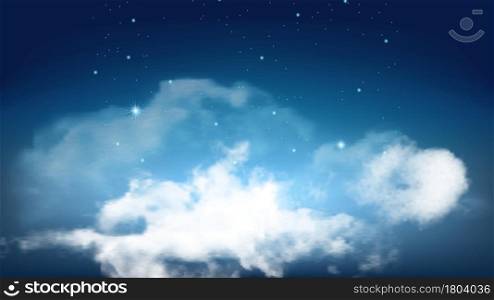 Night Starry Sky With Flying Fluffy Clouds Vector. Beautiful Atmospheric Clouds And Glowing Stars Nature Decoration. Seasonal Cloudy And Environment. Atmosphere Phenomenon Template 3d Illustration. Night Starry Sky With Flying Fluffy Clouds Vector
