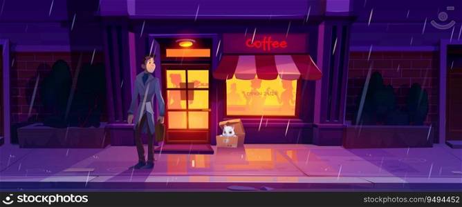 Night street cafe building exterior and cat in box illustration. Rain in city outside bar window cartoon background. Man see lonely pet near shop on sidewalk. Homeless animal outdoor near restaurant. Night street cafe building exterior and cat in box