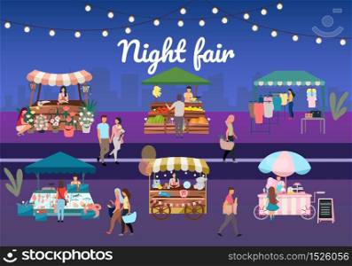 Night street fair flat vector illustration. Outdoor market stalls, summer trade tents with sellers and buyers. Flowers, farmers food and products, clothes city kiosks. Local urban shops with lettering