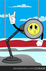 Night Table Lamp with hands in rocker pose. Office Light cartoon character with face.