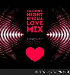 Night themed Valentine&rsquo;s Day card with pink vinyl tracks and red heart