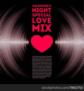 Night themed Valentine&rsquo;s Day card with vinyl tracks and red heart