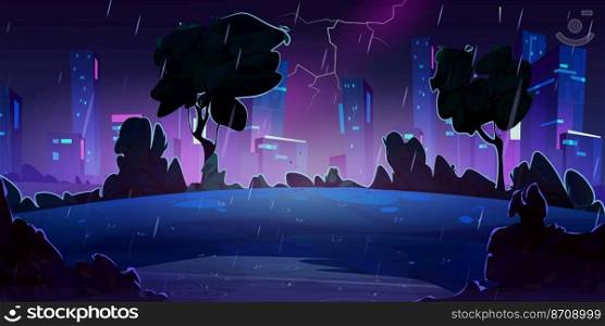 Night thunderstorm with rain and lightning in city with park and skyscrapers. Summer landscape with dark trees silhouettes and houses on skyline in storm, vector cartoon illustration. Night thunderstorm with rain and lightning in city