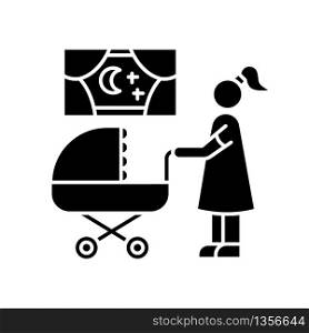 Night time nanny black glyph icon. Mother with baby in stroller. Mom look for sleeping kid. Parenthood and motherhood. Child care. Silhouette symbol on white space. Vector isolated illustration