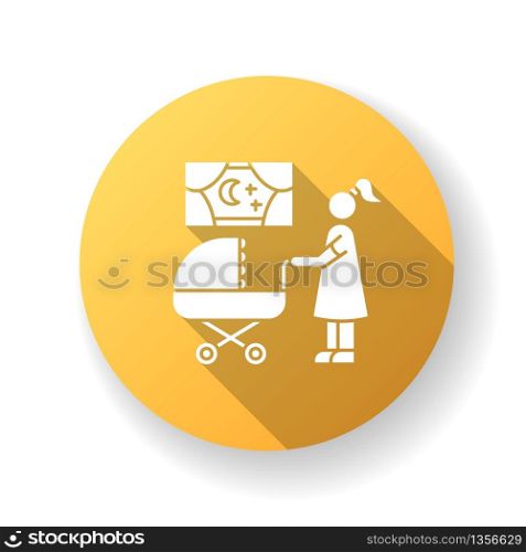 Night time nanny flat design long shadow glyph icon. Mother with baby in stroller. Mom look for sleeping kid. Parenthood and motherhood. Child care. Silhouette RGB color illustration. Night time nanny yellow flat design long shadow glyph icon. Mother with baby in stroller. Mom look for sleeping kid. Parenthood and motherhood. Child care. Silhouette RGB color illustration