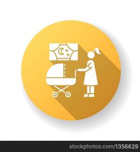 Night time nanny flat design long shadow glyph icon. Mother with baby in stroller. Mom look for sleeping kid. Parenthood and motherhood. Child care. Silhouette RGB color illustration. Night time nanny yellow flat design long shadow glyph icon. Mother with baby in stroller. Mom look for sleeping kid. Parenthood and motherhood. Child care. Silhouette RGB color illustration