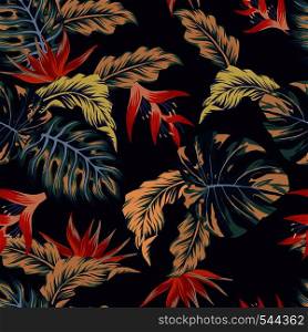 Night tropical jungle print seamless pattern leaves and flowers on the dark blue background