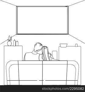 Night Tv Watching Man And Woman Couple Black Line Pencil Drawing Vector. Blank Night Tv Enjoy And Watch Boyfriend And Girlfriend Together In Apartment Living Room. Characters Resting On Sofa. Night Tv Watching Man And Woman Couple Vector