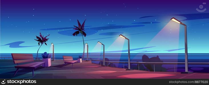 Night urban embankment illuminated with street lights. Cartoon vector illustration of empty seaside city promenade with benches, palm trees, many stars shining on dark sky. Game background design. Night embankment illuminated with street lights