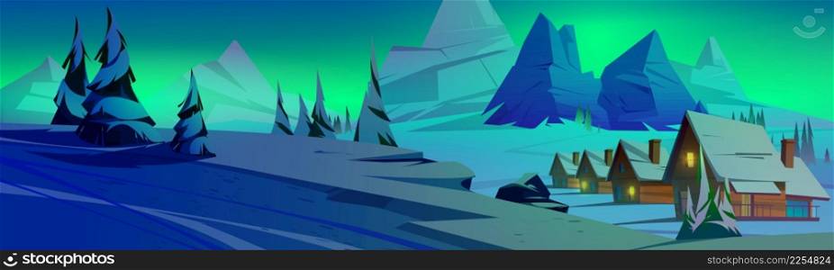 Night winter mountain landscape with houses under glowing sky with aurora borealis polar lights. Ski resort settlement with spruce trees and snowy peaks wintertime scene, Cartoon vector illustration. Night winter mountain landscape, aurora borealis