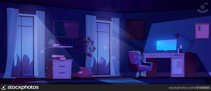 Night work office room with magic light vector background. Dark empty remote workplace interior with table, computer and armchair. Mystery moonlight ray falling from window with curtain concept.. Night work office room with magic light background