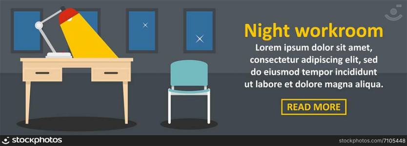 Night workroom banner horizontal concept. Flat illustration of night workroom banner horizontal vector concept for web design. Night workroom banner horizontal concept