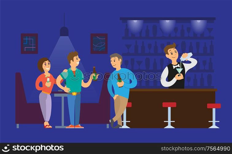 Nightclub bartender pouring alcoholic drinks in glass vector. Man and woman talking to person with bottle of beer, clubbing atmosphere lights and dark. Nightclub Bartender Pouring Alcoholic Drinks Glass