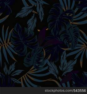 Nightlife jungle rainforest tropical leaves seamless pattern with eyes panther in the middle in the night sky