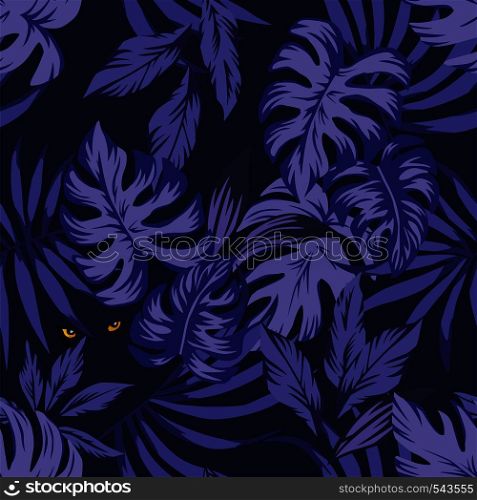 Nightlife jungle tropical leaves seamless pattern with eyes panther in the night sky